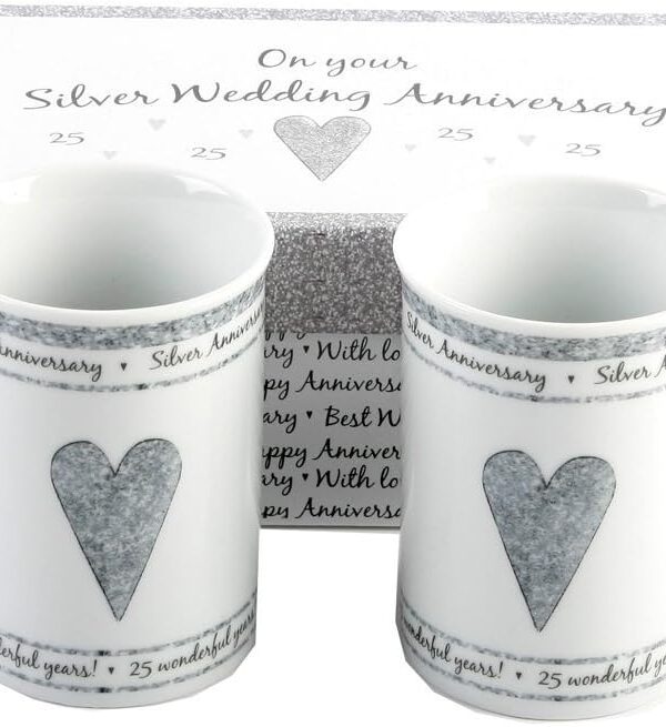 Haysom Interiors Beautifully Designed 25th Silver Wedding Anniversary Set of Ceramic Mugs with Hearts | Dishwasher and Microwave Safe with Decorative Keepsake Box by Happy Homewares