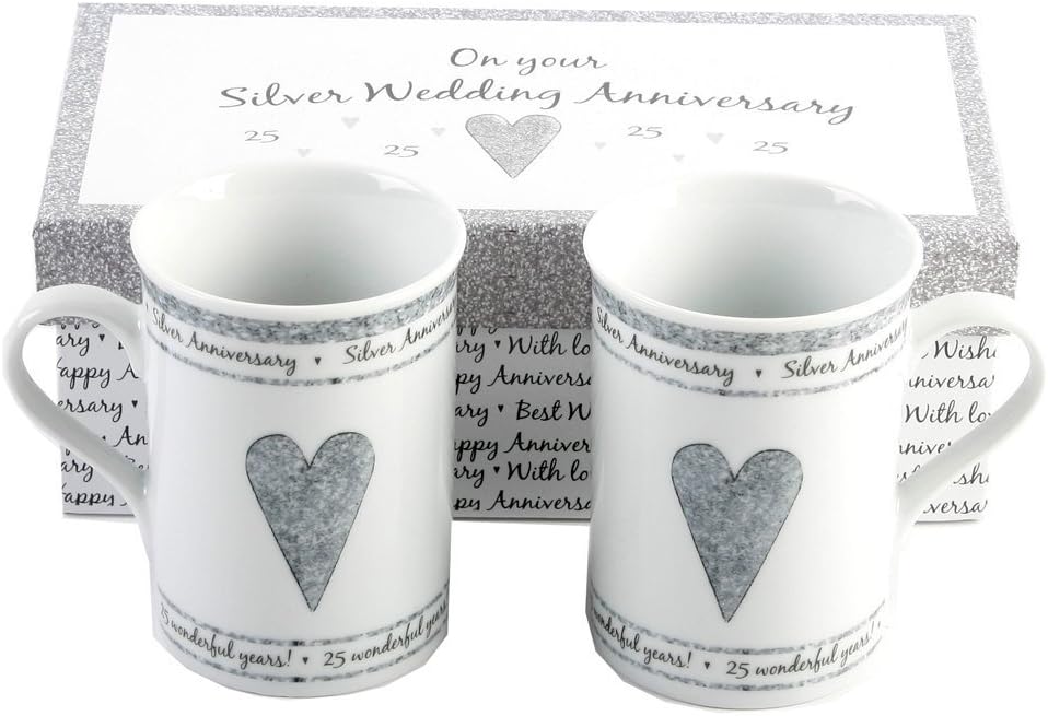 Haysom Interiors Beautifully Designed 25th Silver Wedding Anniversary Set of Ceramic Mugs with Hearts | Dishwasher and Microwave Safe with Decorative Keepsake Box by Happy Homewares