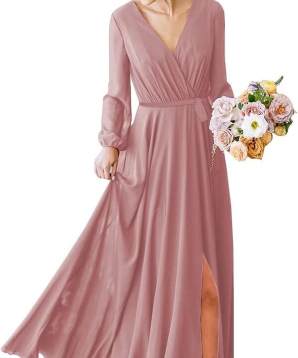Long Sleeve Bridesmaid Dress V Neckes 2025 New Chiffon Wedding Guest Dresses Formal Evening Dress for Women,R16