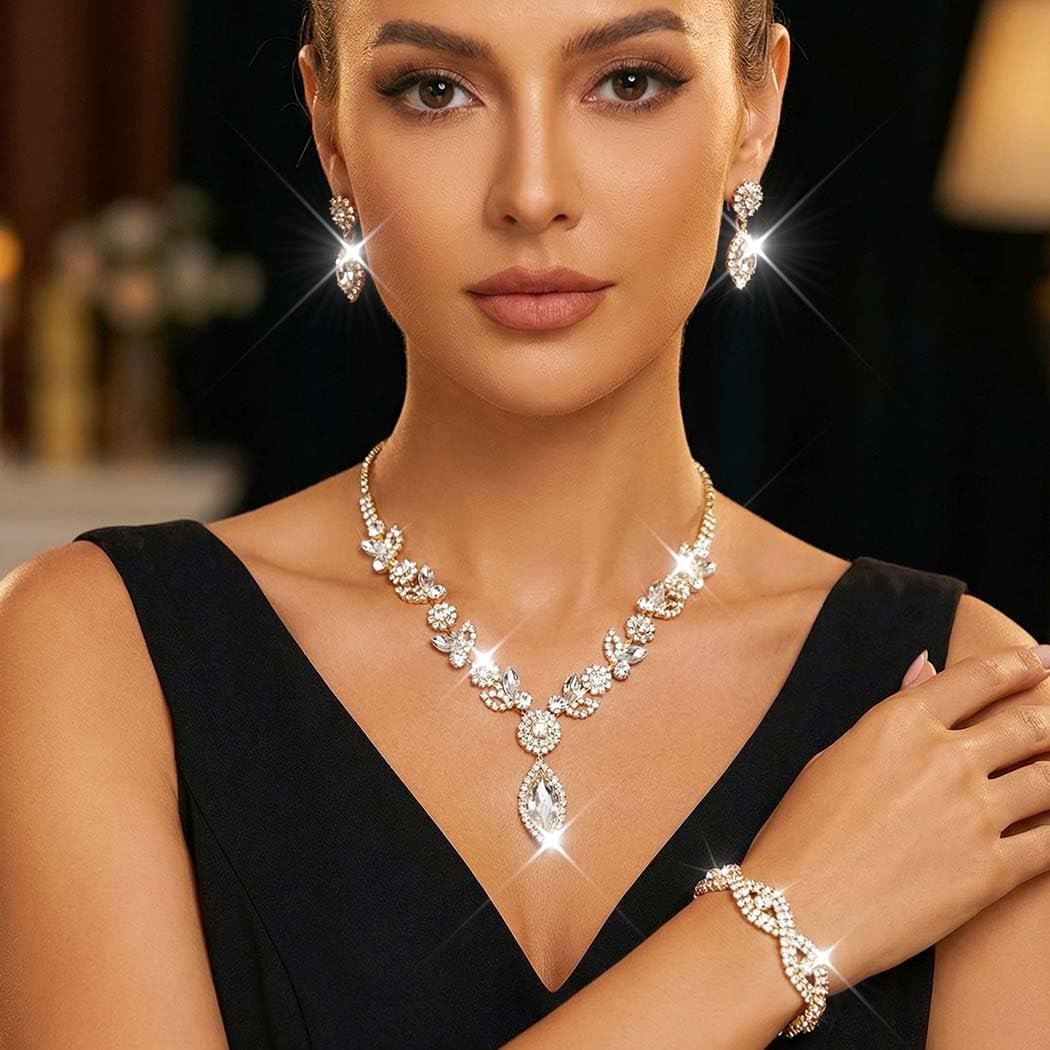 Unicra Silver Crystal Bridal Wedding Jewelry Set Rhinestone Necklace Earrings Bracelet Sets Formal Costume Jewelry for Women and Brides