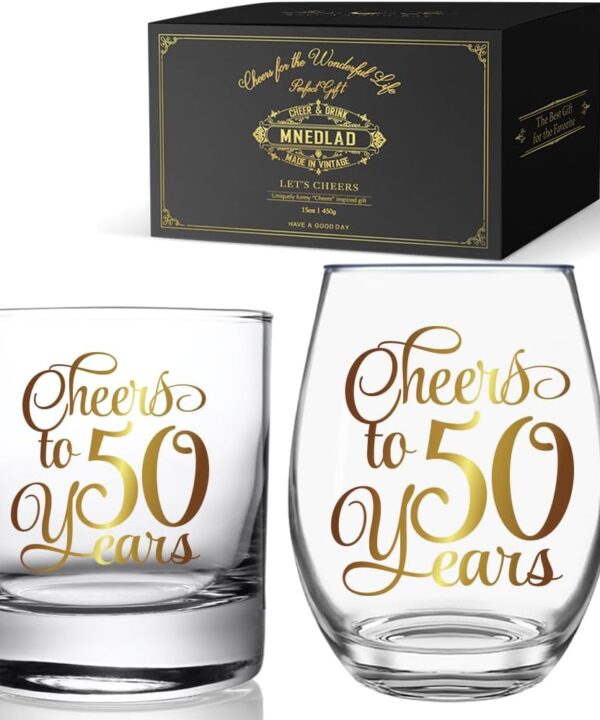 Cheers to 50 Years Wine & Whiskey Glass Gift Set, Gold Foil Design 50th Birthday Anniversary Wedding Valentine's Day Stemless Wine Glass Gifts for Grandparents Couple Men Women Wife Husband Parents128