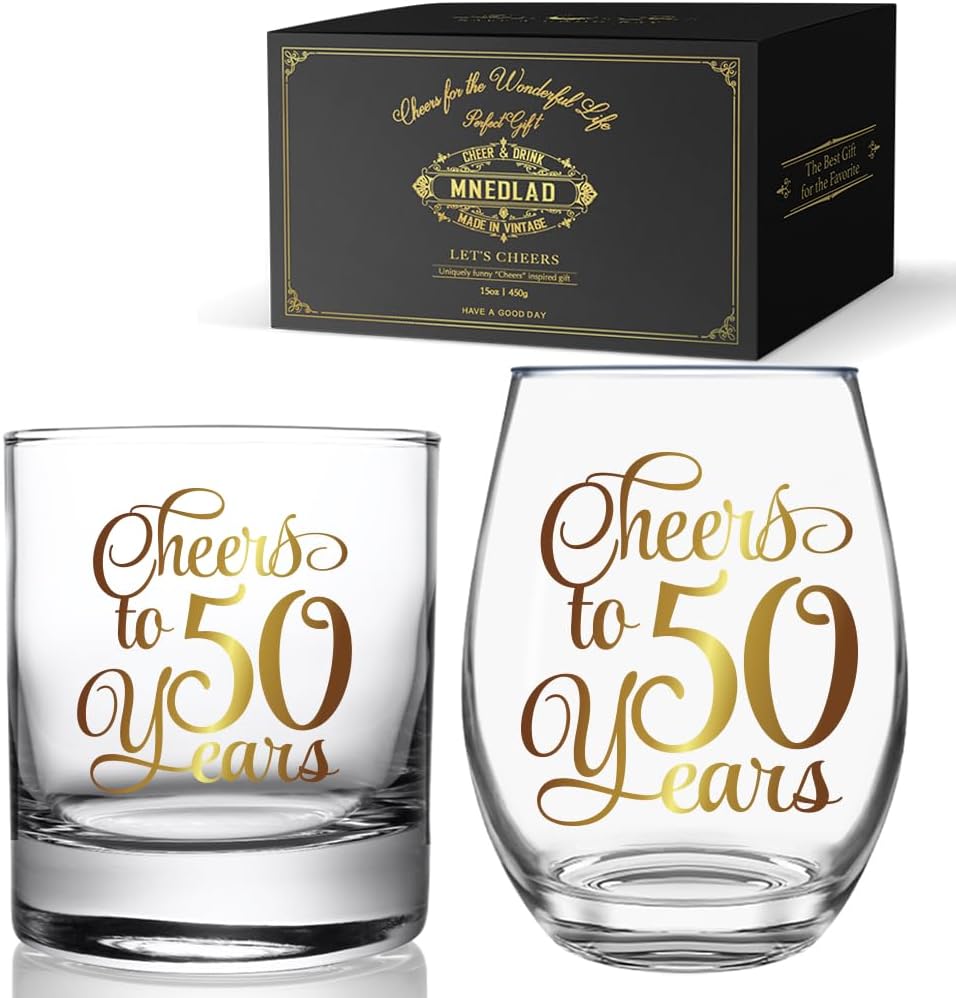 Cheers to 50 Years Wine & Whiskey Glass Gift Set, Gold Foil Design 50th Birthday Anniversary Wedding Valentine's Day Stemless Wine Glass Gifts for Grandparents Couple Men Women Wife Husband Parents128