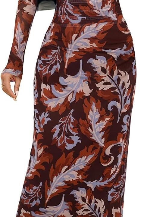 MEROKEETY Women's Spring Wedding Guest Dress 2026 Long Sleeve Bodycon Floral Mesh Fall Cocktail Holiday Party Maxi Dresses