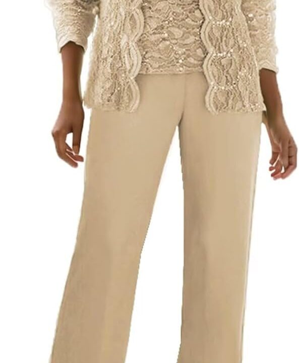 3 Pieces Chiffon Lace Mother of The Bride Pant Suits with Jackets Sequins Wedding Guest Dresses for Women