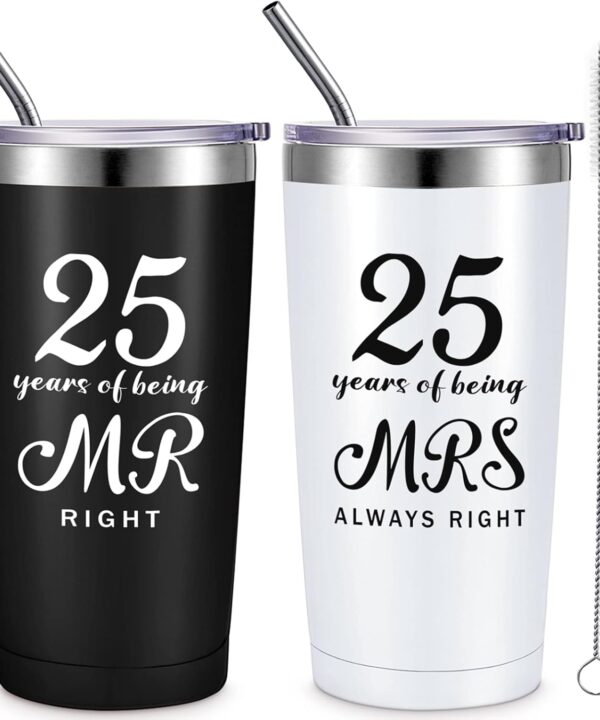 Cunhill 2 Pcs Mr. Right Mrs. Always Right Travel Tumbler Set 20 oz Wedding Engagement Anniversary Travel Mug for Husband Wife Newlywed Couples Bride Groom Anniversary(25th Tumbler)
