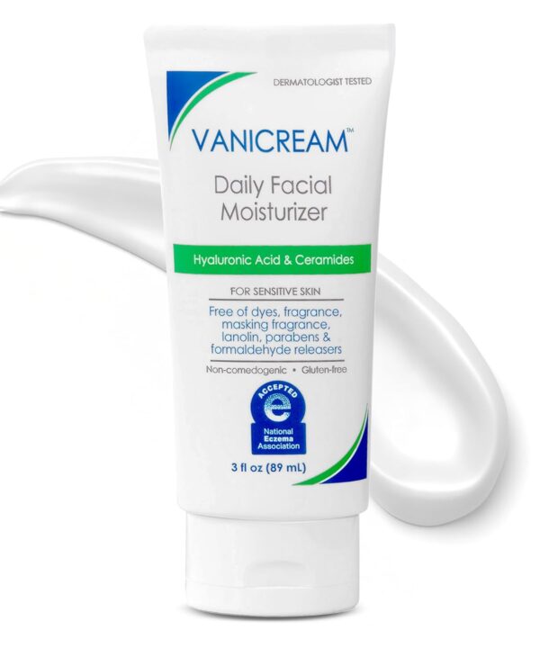 Vanicream Daily Facial Moisturizer With Ceramides and Hyaluronic Acid - Formulated Without Common Irritants for Those with Sensitive Skin, 3 fl oz (Pack of 1)