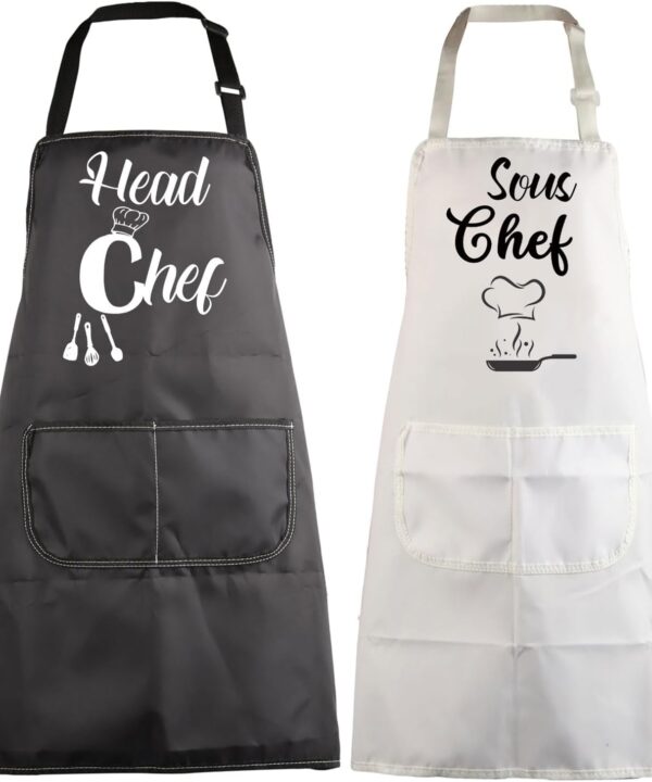 MBMSO Head Chef and Sous Chef Aprons Matching Family Aprons with Pockets Mum Dad Son Daughter Kitchen Apron Housewarming Gift