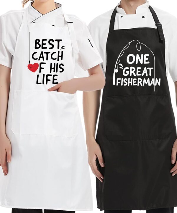 AGMDESIGN One Great Fisherman, Best Catch Of His Life 2-Pack Apron Set, Bridal Shower Gift for Couples, Anniversary Birthday Gifts for Parents BFF