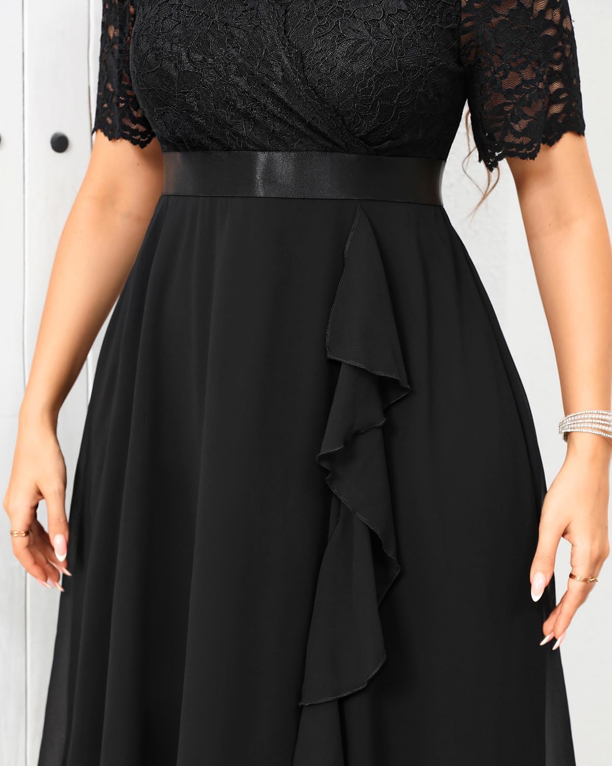 Plus Size Wedding Guest Dress – Formal Cocktail Party Ruffle Elegant Tea Length Lace Chiffon V Neck Midi Dresses