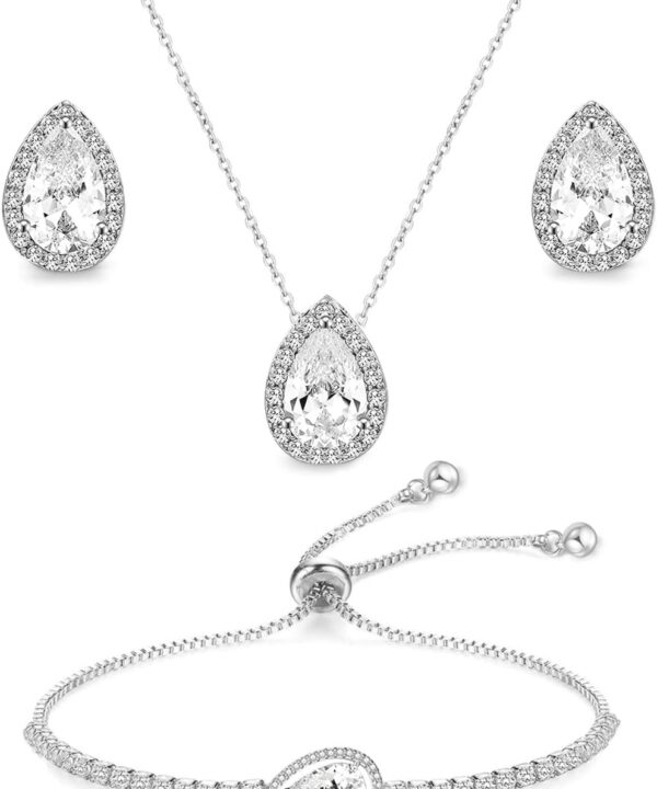 UDYLGOON Cubic Zirconia Teardrop Earrings Necklace Bracelet Jewelry Set For Bride Bridesmaids Bridal Wedding Party Prom Jewelry Gift