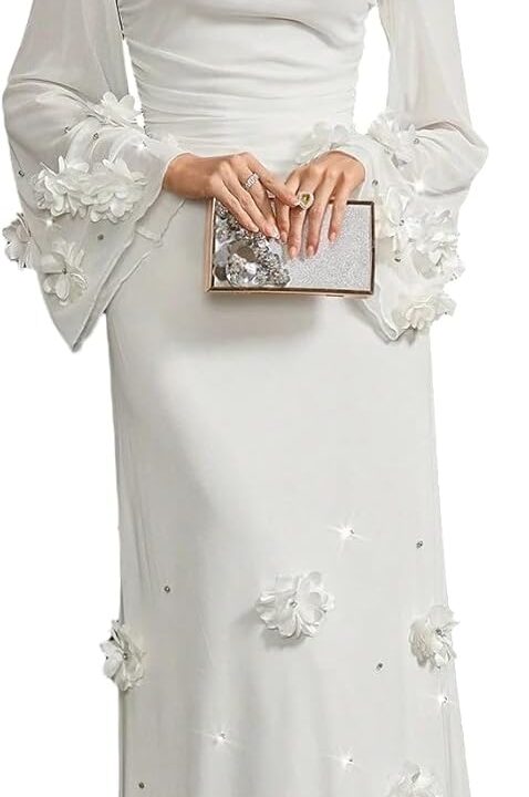 Women's Long Sleeve Floral Maxi Dress Fashion Bodycon Mesh Wedding v-Neck Pleated Guest Cocktail Dress