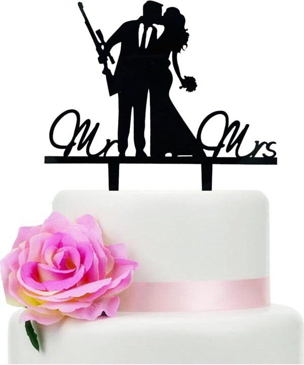 Mr and Mrs Wedding Cake Topper - Groom & Bride With Heavy Gun and Holding Flowers - Funny Gun Theme Anniversary/Bridal Shower Cake Topper, Funny Wedding Cake Decor(Heavy Gun)