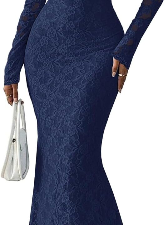 MITILLY Women Bodycon Maxi Dress Elegant Square Neck Long Sleeve Floral Lace Sexy Wedding Guest Cocktail Long Dresses New