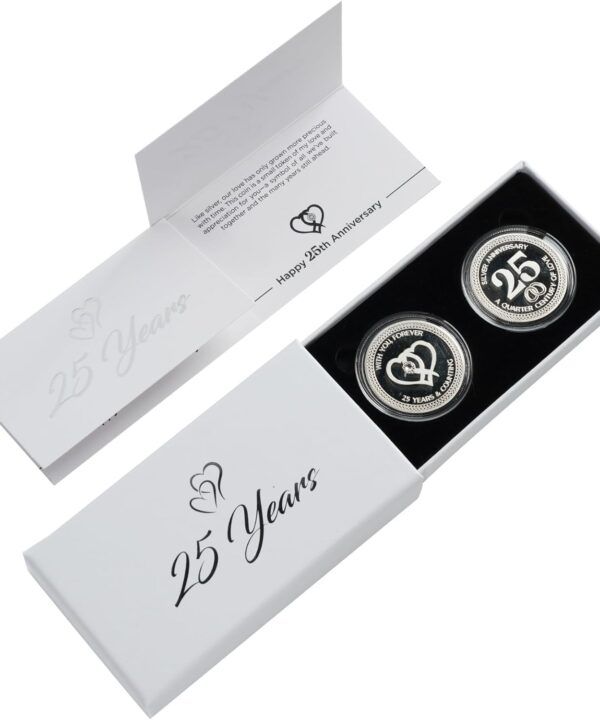 25th Wedding Silver Anniversary Commemorative Coins Set of 2  25 Year for Couple, Husband or Wife  Traditional Silver-Plated Keepsake in Gift Box