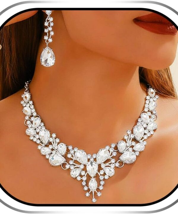 JAKAWIN Bridal Wedding Jewelry Set Rhinestone Prom Necklace Earring Set for Women
