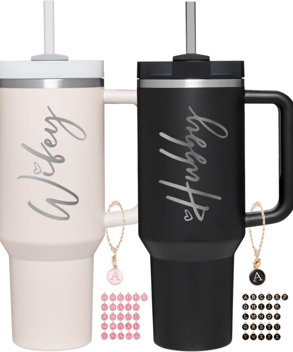 Wifey Hubby 40 oz Tumbler Cup for Couples with Handle Lids Straws Letter Charm Accessories 2 Pack Wedding Gifts for Couples 2024 Engagement gift Bridal Shower Gift for Bride Groom Newlyweds