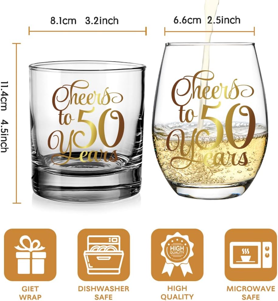 Cheers to 50 Years Wine & Whiskey Glass Gift Set, Gold Foil Design 50th Birthday Anniversary Wedding Valentines Day Stemless Wine Glass Gifts for Grandparents Couple Men Women Wife Husband Parents128