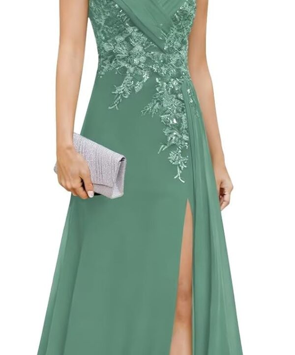 Lace Applique Mother of The Bride Dresses for Women Long Cap Sleeves Ruched Formal Dress with Slit