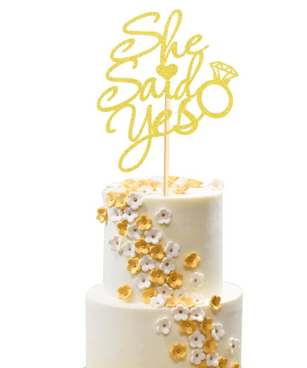 She Said Yes Cake Topper for Bridal Shower Engagement Decorations, Bride To Be/Proposal /Bachelorette Wedding Party Decorations - Gold Glitter