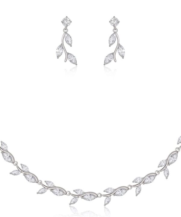 EleQueen Women's Wedding Cubic Zirconia Elegant Leaf Design Necklace Dangle Earrings Bridal Jewelry Sets for Party Prom