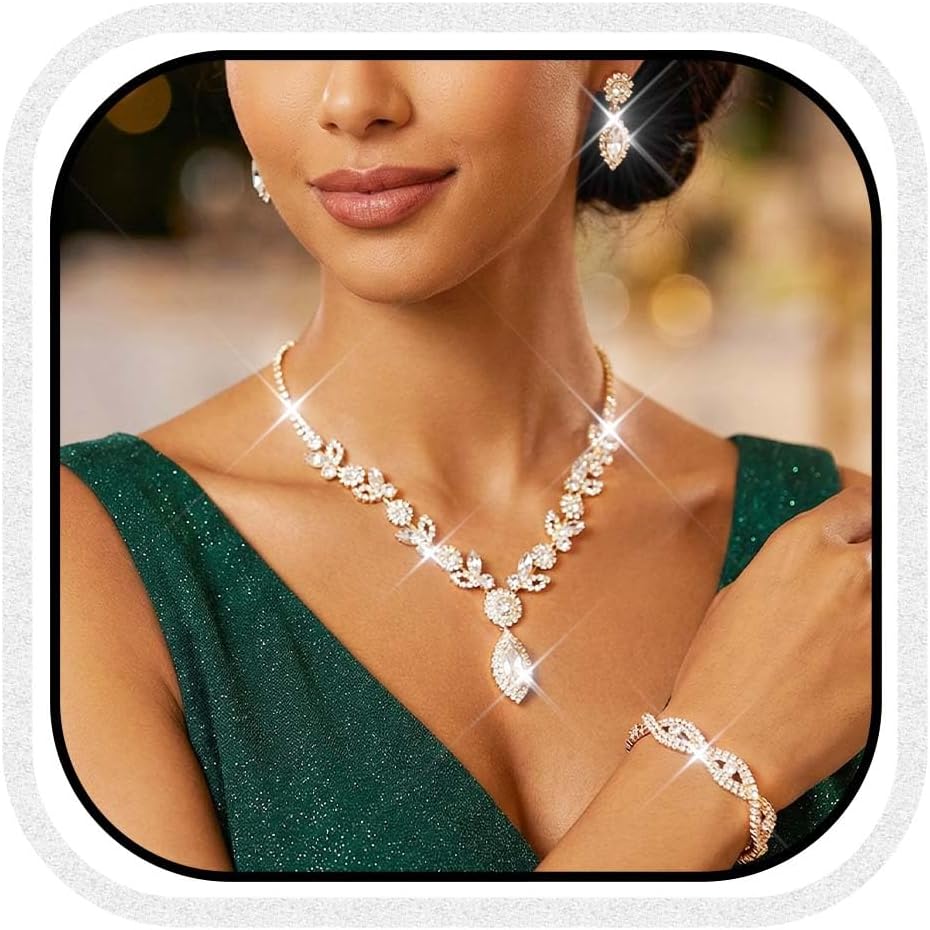 Unicra Silver Crystal Bridal Wedding Jewelry Set Rhinestone Necklace Earrings Bracelet Sets Formal Costume Jewelry for Women and Brides