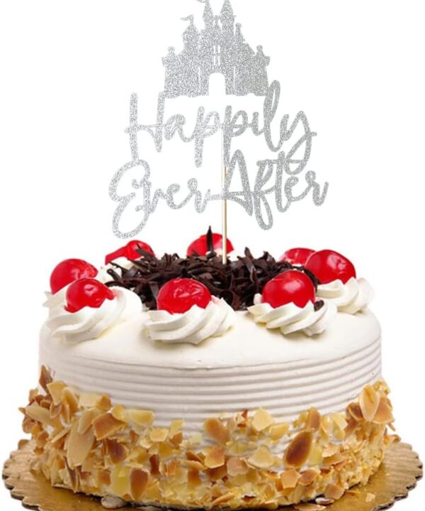 Happily Ever After with Castle Cake Topper Cinderella Castle Wedding Cake Decoor Engagement Bridal Shower Party Decorations Silver Glitter