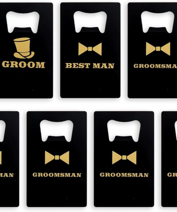 Brosash Groomsman Gift Set Bottle Openers  Pack of 7 Stainless Steel Credit Card Bottle Opener for Groom, Best Man, & 5 Groomsman Proposal Box Ideas Bachelor Party Favors Accessories Essentials