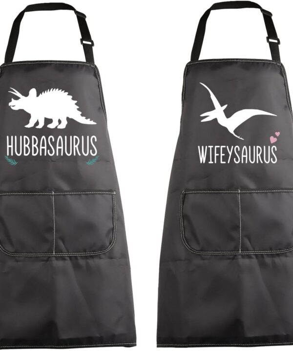 MBMSO His and Hers Matching Aprons Funny Hubby Wifey Aprons Hubbasaurus Wifeysaurus Couples Apron Wedding Gifts for Newlywed