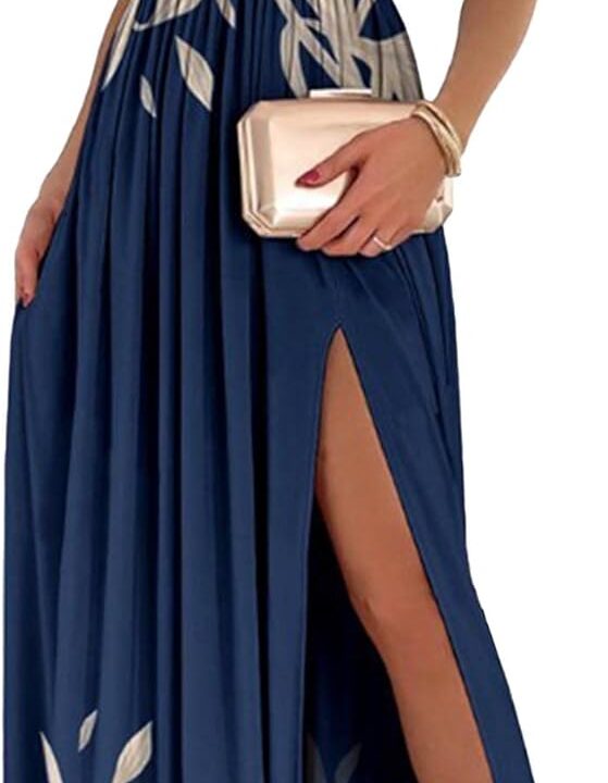 ECDAHICC Women's Sexy One Shoulder Cutout Pleated Maxi Dress Sleeveless High Slit Formal Evening Party Bridesmaid Dresses