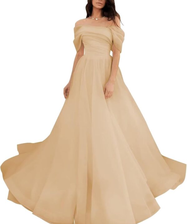 Off Shoulder Tulle Wedding Dresses for Bride Long Puffy Ruched A Line Prom Dress Ball Gown