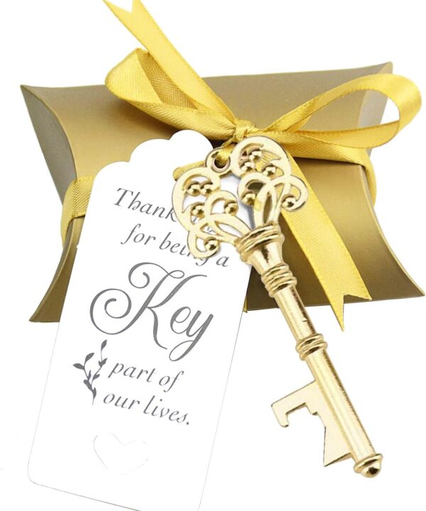 50 Sets Vintage Key Bottle Openers, Wedding Favor Souvenir Gift for Guests with Escort Card Thank You Tag Pillow Box and Satin Ribbon (Gold)