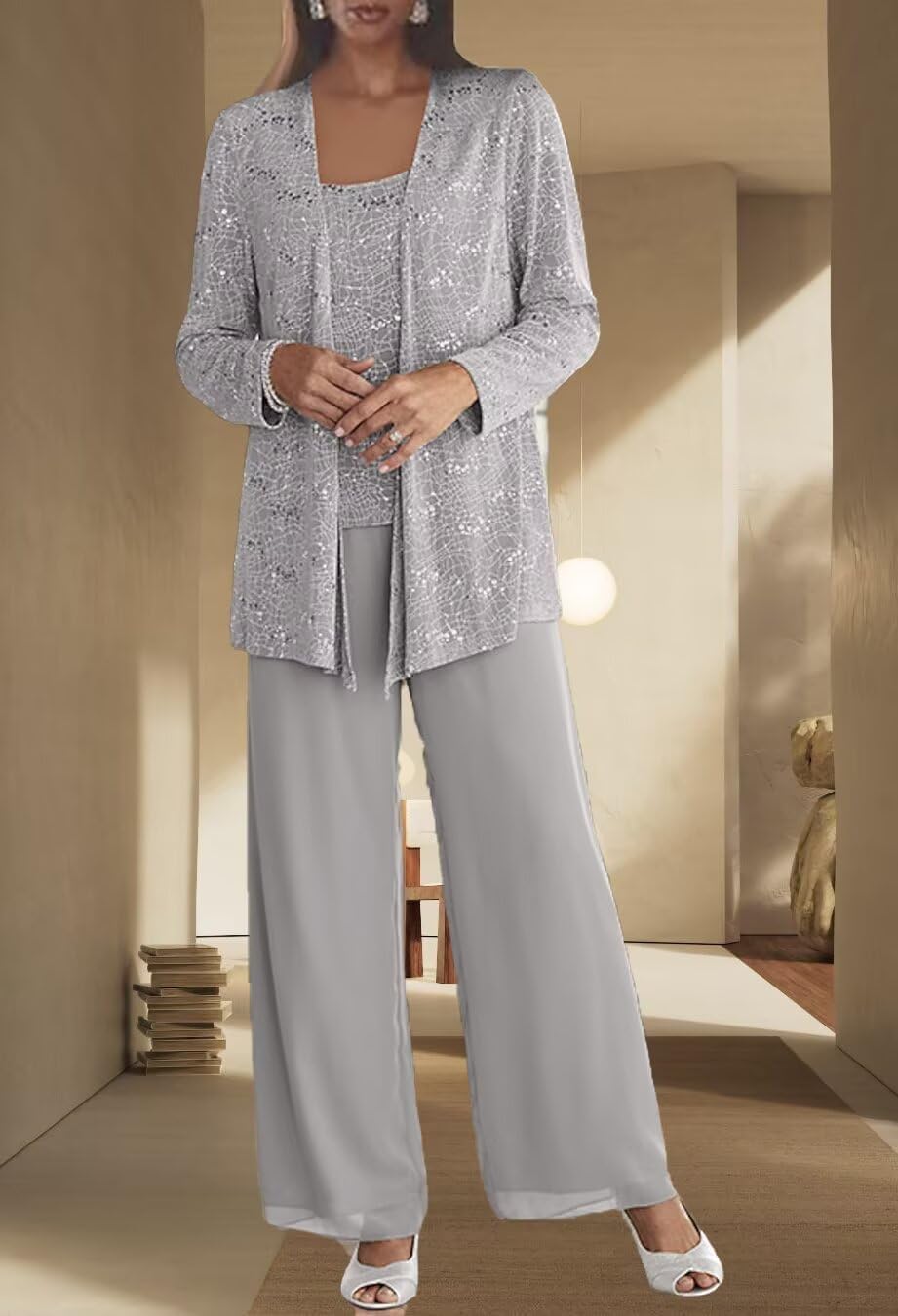 3 Pieces Chiffon Mother of The Bride Pant Suits for Wedding Sequin Grandmother of The Bride Pant Suits with Jacket