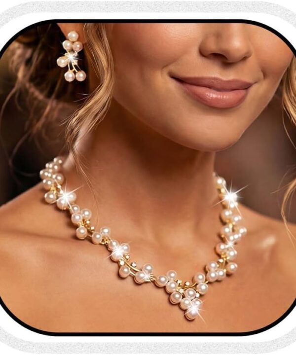 Unicra Gold Pearl Jewelry Set Wedding Prom Necklace Earrings Bracelet Sets Rhinestone Formal Jewelry for Women and Brides