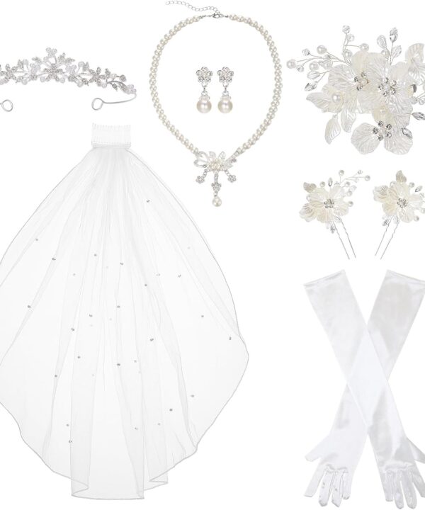 7 Pcs Wedding Jewelry Set Pearl Headband Earrings Necklace Women Jewelry Sets for Bachelorette Party Bridal Showers Wedding