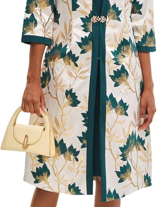 Women's Elegant 2 Piece Dress Church Suits with Exquisite Jacquard Embroidery Long Jacket for Wedding Party Evening Dress