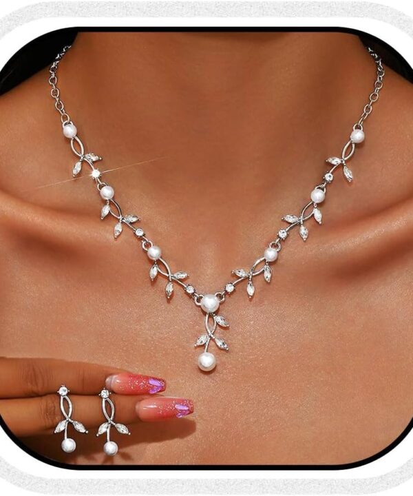 Unicra Pearl Wedding Jewelry Sets Gold Rhinestone Necklace Earrings Sets Prom Bridal Formal Jewelry for Women and Brides