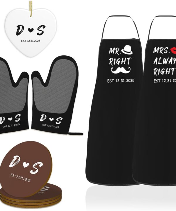 Mr and Mrs Gifts, House Warming Gifts New Home, Wedding Gift for Couples 2025, Custom Aprons Coasters Set of 4 Oven Mitt Set Wedding Ornaments for Couple, Home Essentials,