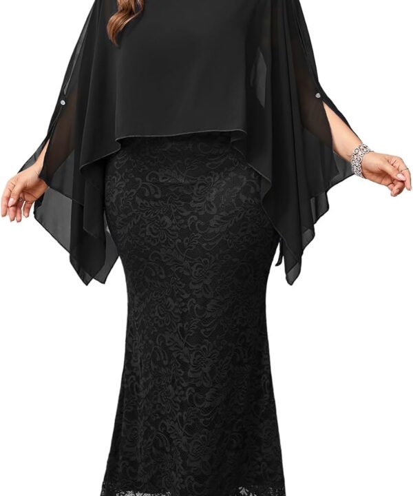 ZOMVA Plus Size 0X-4X Mother of The Bride Groom Lace Dress with Chiffon Cape Overlay Long Mermaid Dress Formal Wedding Guest