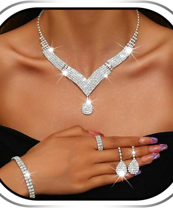 JAKAWIN Bridal Wedding Jewelry Set Silver Rhinestone Prom Necklace Earring Bracelet Set for Women