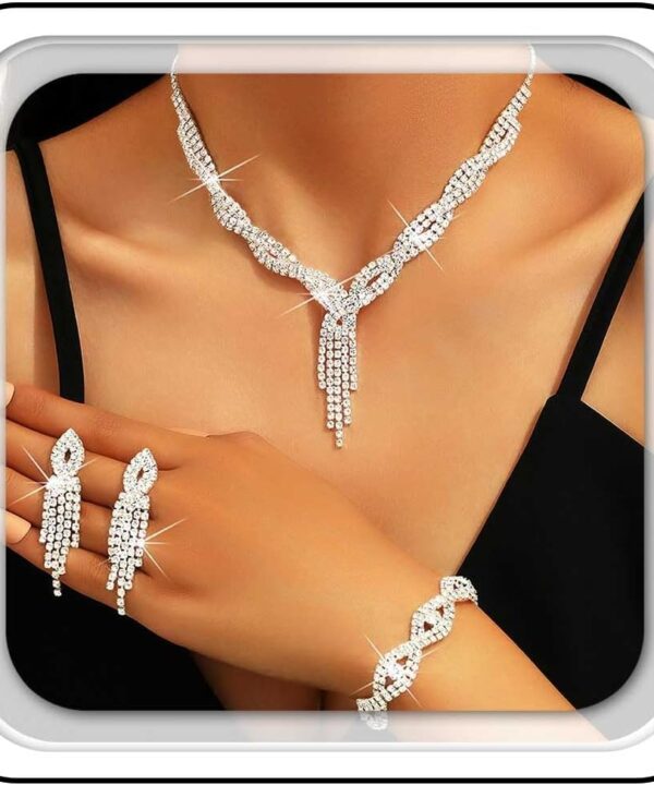 Aukmla Rhinestones Prom Bridal Jewelry Set Sparkly Wedding Necklace Earrings Bracelet Sets for Women and Brides