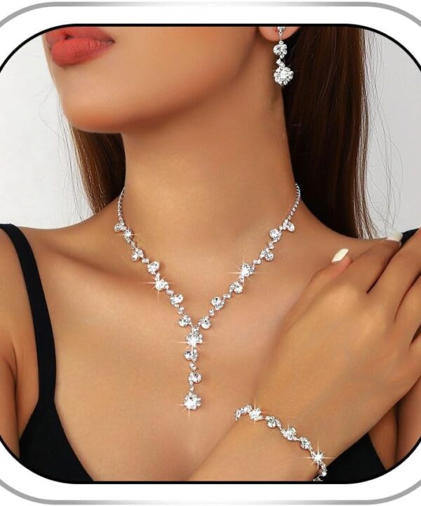 Gangel Bridal Wedding Necklace Set Silver Rhinestone Necklace Sets Crystal Earring and Bracelet Jewelry Prom for Women