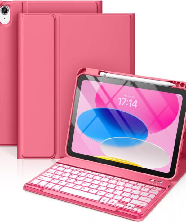 Hamile for iPad 11th 10th Generation Case with Keyboard - 7 Colors Backlit Wireless Detachable Folio Keyboard Cover with Pencil Holder for iPad 11-inch A16 2025 10th Gen 10.9 Inch 2022 (Pink)