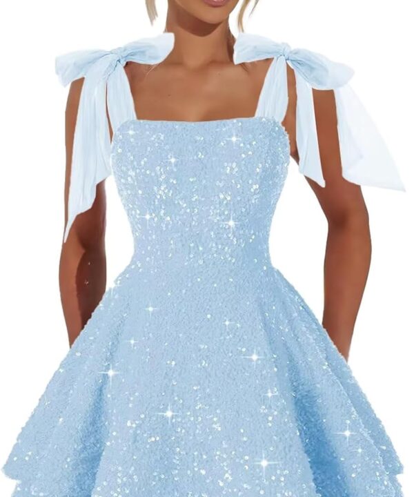 Sparkly Sequin Homecoming Dresses for Teens with Bow Spaghetti Strap Short Prom Dresses Princess Cocktail Party Gown