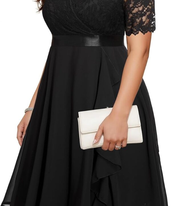 Plus Size Wedding Guest Dress - Formal Cocktail Party Ruffle Elegant Tea Length Lace Chiffon V Neck Midi Dresses