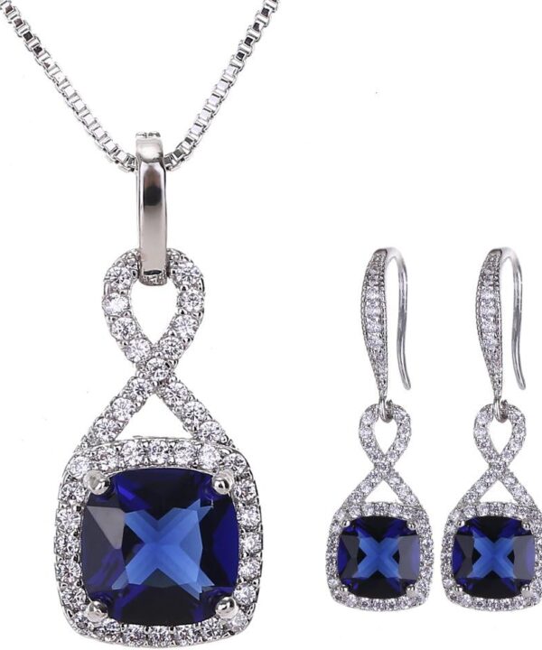 AMYJANE Crystal Jewelry Set for Women - Sterling Silver Square Cubic Zirconia CZ Bridal Pendant Necklace Earrings Set for Wedding Bride Bridesmaids Birthstone Fashion Jewelry Set