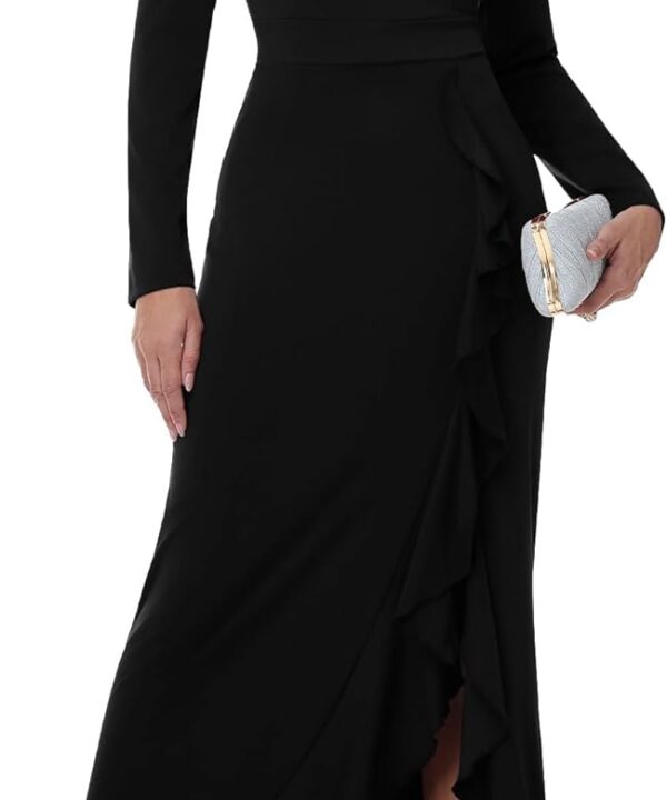 Womens Maxi Dress Long Sleeve Square Neck Bodycon Dress Fall Ruffle Hem Mermaid Cocktail Wedding Guest Long Dress