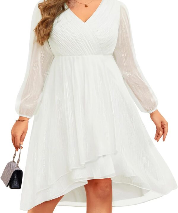 Plus Size Cocktail Dress - Formal Wedding Guest Fall Long Sleeve A Line Pleated V Neck Midi Dresses for Curvy Women