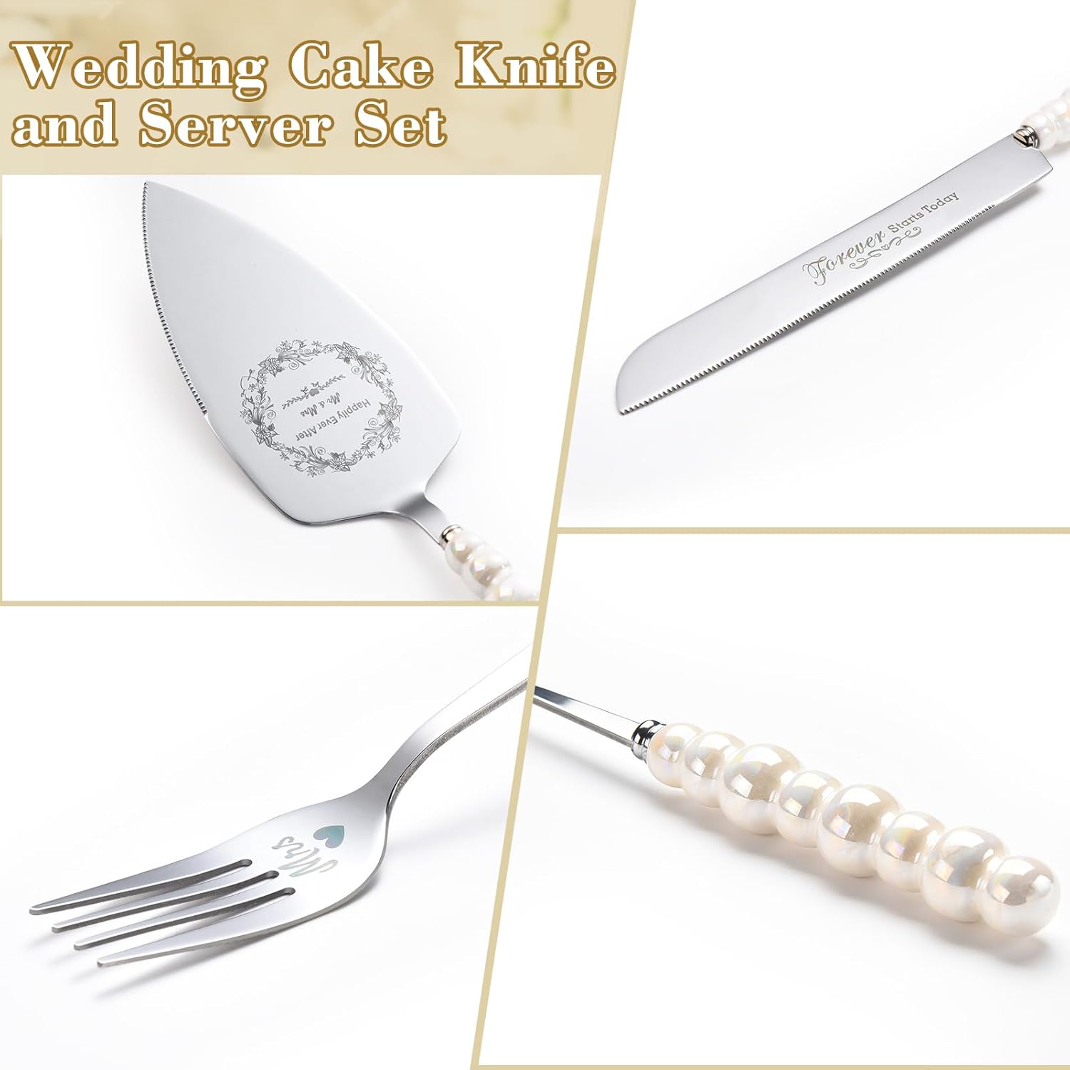 Wedding Cake Knife and Server Set, Ceramic Pearl Handle Cake Cutting Set for Weddings, Engagements, Anniversaries, and Engagement Gifts for Couples