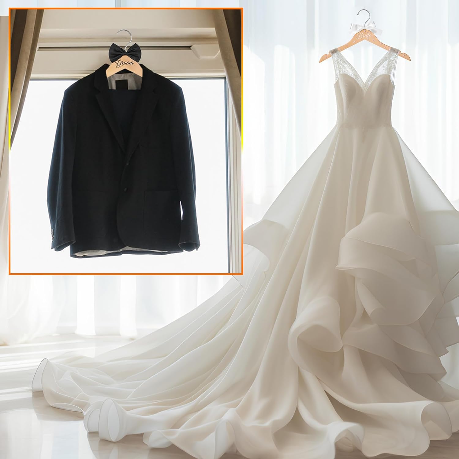 2 Pcs Bride and Groom Wooden Hangers with Bow Tie Wedding Hangers for Tuxedo Favors Wedding Gift Bridal Party Shower(Fresh)