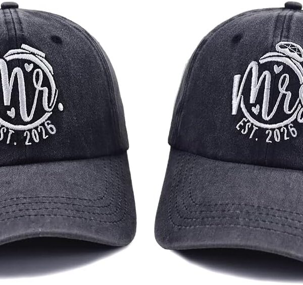 2PCS Matching Mr and Mrs EST 2025 Hats for Couple Gifts, Adjustable Cotton Vintage Embroidered Baseball Caps